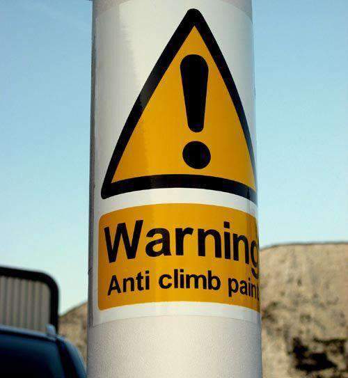 Flexible HiVis Adhesive Warning Sign (150 x 200mm) &ndash; Anti Climb Paint &ndash; individual sign | Roller Barrier