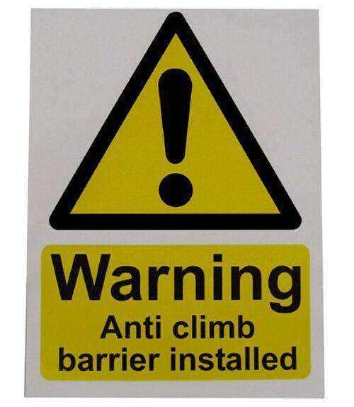 Small Warning Sign &ndash; Anti Climb Barrier &ndash; HiViz 150 x 100mm | Roller Barrier