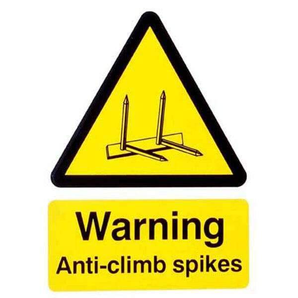 Small Warning Sign &ndash; Anti Climb Spikes &ndash; HiViz 150 x 100mm &ndash; multisaver 10 pack | Roller Barrier