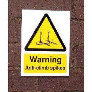 Large Warning Sign &ndash; Anti Climb Spikes &ndash; HiViz 200 x 150mm | Roller Barrier